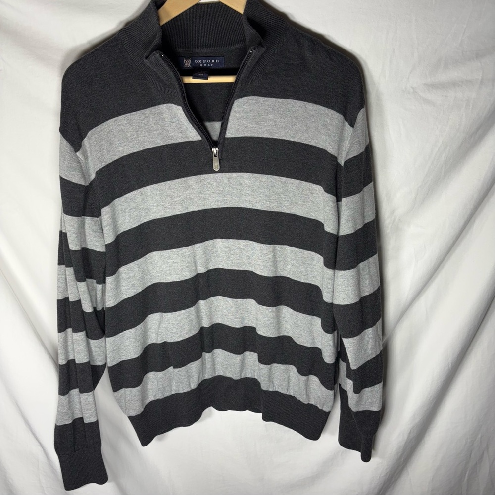 Oxford Golf Men's Striped Quarter Zip Sweater L‎ Cotton Charcoal Gray Casual